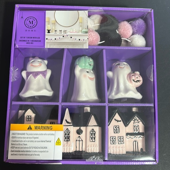 Martha Stewart Other - Martha Stewart 7 PC Halloween Set Pink LED Haunted House Ghost & PomPom Garland